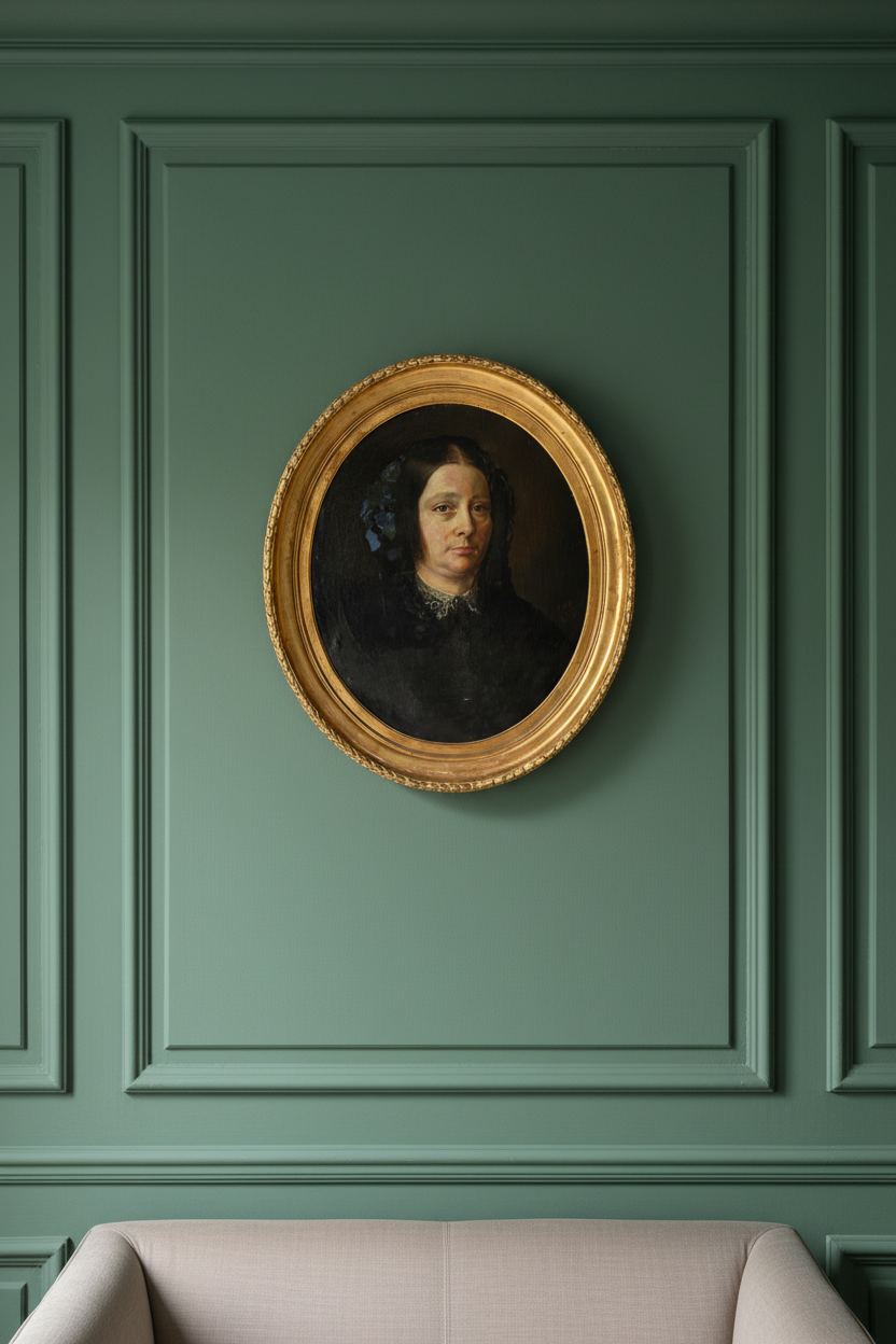 Antique portrait of a woman in a gilt oval frame displayed on a study wall