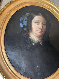 Portrait of a Woman with Blue Flowers in Her Hair, Oil on Canvas, 19th Century French School, Gilt Oval Frame