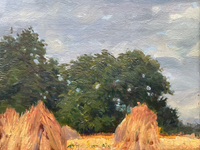 Gaston Bonfils Signed Oil Painting, Haystacks in a French Harvest Landscape, 19th Century on Wood Panel, Carved Frame