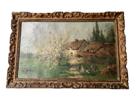 Paul Emmanuel Peraire (1829-1893), Farm Landscape in Spring, Signed Oil on Canvas, 19th Century, Framed