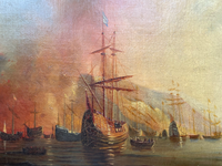 Attributed to Theodore Gudin (1802-1880), Fire by the Coast, Oil on Canvas Study, 19th Century, Framed