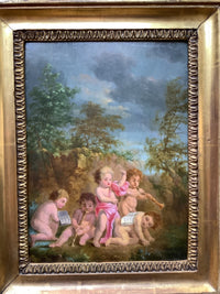 Flemish School, 17th Century, Putti Musicians in a Landscape, Oil on Wood Panel, Framed