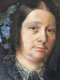 Portrait of a Woman with Blue Flowers in Her Hair, Oil on Canvas, 19th Century French School, Gilt Oval Frame