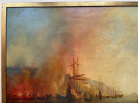 Attributed to Theodore Gudin (1802-1880), Fire by the Coast, Oil on Canvas Study, 19th Century, Framed