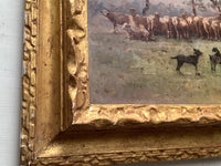 French Impressionist Oil Painting, Shepherd with Sheep in a Winter Landscape, Early 20th Century on Wood Panel, Gilded Frame