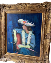 Andre Chochon (1910-2005), Portrait of a Woman with Yellow Gloves, Signed French Impressionist Oil on Canvas, 1960s, Framed