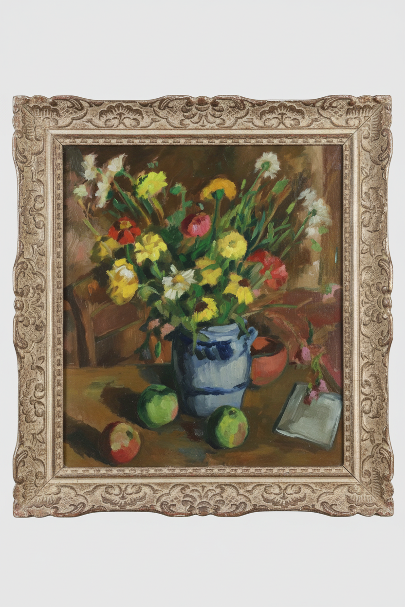 Andre Charigny (1902-2000), Still Life with Flowers and Apple, Signed Oil on Wood Panel, Framed