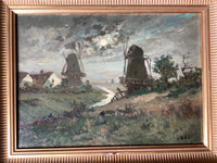 Antique Oil Painting, Moonlight Mill Landscape, Late 19th Century French Impressionist Scene on Canvas, Framed