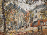 Paul Flaubert (1898-1980) Signed Oil Painting, Town Square with Autumn Trees, French Post-War Impressionist on Wood Panel, Framed