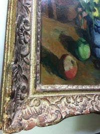 Andre Charigny (1902-2000), Still Life with Flowers and Apple, Signed Oil on Wood Panel, Framed