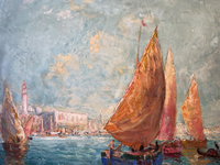 Pierre Forest (1881-1971), Sailing Ships in Venice, Signed Oil on Cardboard, Framed
