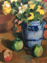 Andre Charigny (1902-2000), Still Life with Flowers and Apple, Signed Oil on Wood Panel, Framed