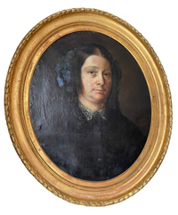 Portrait of a Woman with Blue Flowers in Her Hair, Oil on Canvas, 19th Century French School, Gilt Oval Frame