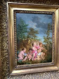 Flemish School, 17th Century, Putti Musicians in a Landscape, Oil on Wood Panel, Framed
