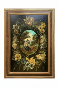 17th FLEMISH SCHOOL Brueghel The Flight to Egypt with Floral Garland, Flemish Oil on Panel, Circle of Jan Peeter Brueghel, Framed EGYPT Holy Family GARLAND Rare Antique Oil