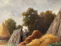 Eugene Forest (1808-1891) Signed Oil Painting, Haystacks Landscape 1882, French Barbizon School on Wood Panel, Gilded Frame