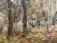 Paul Flaubert (1898-1980) Signed Oil Painting, Town Square with Autumn Trees, French Post-War Impressionist on Wood Panel, Framed