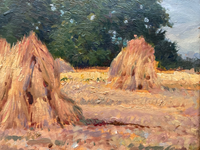 Gaston Bonfils Signed Oil Painting, Haystacks in a French Harvest Landscape, 19th Century on Wood Panel, Carved Frame