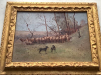French Impressionist Oil Painting, Shepherd with Sheep in a Winter Landscape, Early 20th Century on Wood Panel, Gilded Frame