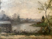 French Barbizon School Oil Painting, Women by the River in an Animated Landscape, 19th Century Signed on Canvas, Ornate Gilt Frame