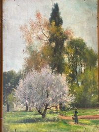 Gaston Bonfils Signed Oil Painting, Haystacks in a French Harvest Landscape, 19th Century on Wood Panel, Carved Frame