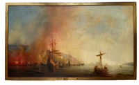 Attributed to Theodore Gudin (1802-1880), Fire by the Coast, Oil on Canvas Study, 19th Century, Framed