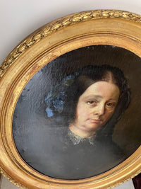 Portrait of a Woman with Blue Flowers in Her Hair, Oil on Canvas, 19th Century French School, Gilt Oval Frame
