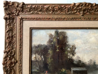 French Barbizon School Oil Painting, Women by the River in an Animated Landscape, 19th Century Signed on Canvas, Ornate Gilt Frame