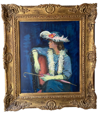 Andre Chochon (1910-2005), Portrait of a Woman with Yellow Gloves, Signed French Impressionist Oil on Canvas, 1960s, Framed