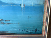 Victor Philipsen (1841-1907), View of Vesuvius from the Bay of Naples, Signed Oil on Wood Panel, Framed