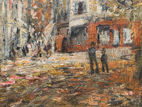 Paul Flaubert (1898-1980) Signed Oil Painting, Town Square with Autumn Trees, French Post-War Impressionist on Wood Panel, Framed