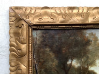 Antique Barbizon School Oil Painting, Lively Landscape With Figures by a River, 19th Century French Art on Wood Panel, Gilded Frame