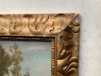 Antique Barbizon School Oil Painting, Lively Landscape With Figures by a River, 19th Century French Art on Wood Panel, Gilded Frame