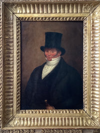 Early 19th Century English Oil Portrait of a Man with a Top Hat, Framed, Oil on Canvas