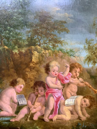 Flemish School, 17th Century, Putti Musicians in a Landscape, Oil on Wood Panel, Framed