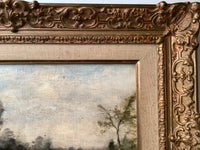 French Barbizon School Oil Painting, Women by the River in an Animated Landscape, 19th Century Signed on Canvas, Ornate Gilt Frame