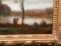 Antique Barbizon School Oil Painting, Lively Landscape With Figures by a River, 19th Century French Art on Wood Panel, Gilded Frame