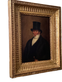 Early 19th Century English Oil Portrait of a Man with a Top Hat, Framed, Oil on Canvas