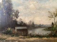 French Barbizon School Oil Painting, Women by the River in an Animated Landscape, 19th Century Signed on Canvas, Ornate Gilt Frame