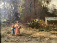 French Barbizon School Oil Painting, Women by the River in an Animated Landscape, 19th Century Signed on Canvas, Ornate Gilt Frame