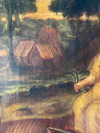 17th Century French Oil on Panel, Allegory of Autumn, Young Woman in Rural Harvest Scene, Baroque Original, Framed