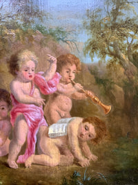 Flemish School, 17th Century, Putti Musicians in a Landscape, Oil on Wood Panel, Framed