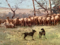 French Impressionist Oil Painting, Shepherd with Sheep in a Winter Landscape, Early 20th Century on Wood Panel, Gilded Frame