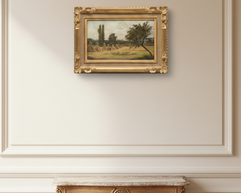Signed Oil Painting, Haystacks Landscape by Adolphe Felix Cals (1810-1880), Listed French Impressionist, Oil on Canvas