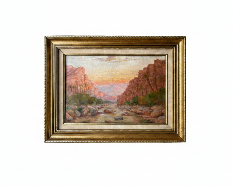Signed Oil Painting by John Lewis Shonborn, Canyon at Sunset, 19th Century American Landscape