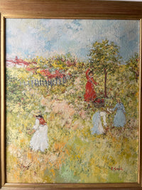 Signed Impressionist Oil Painting, Fruit Picking Scene by René Sinicki (b. 1910), 1970s French Figurative Landscape on Canvas