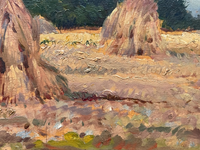 Gaston Bonfils Signed Oil Painting, Haystacks in a French Harvest Landscape, 19th Century on Wood Panel, Carved Frame