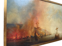 Attributed to Theodore Gudin (1802-1880), Fire by the Coast, Oil on Canvas Study, 19th Century, Framed