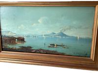 Victor Philipsen (1841-1907), View of Vesuvius from the Bay of Naples, Signed Oil on Wood Panel, Framed