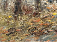 Paul Flaubert (1898-1980) Signed Oil Painting, Town Square with Autumn Trees, French Post-War Impressionist on Wood Panel, Framed